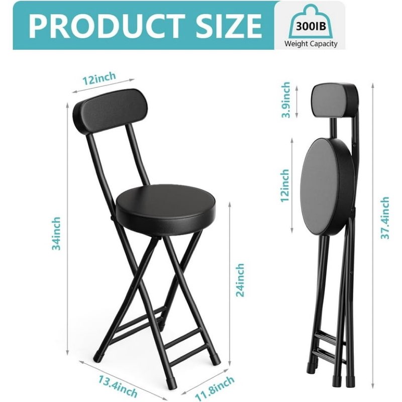 Folding Stool,Cushioned Padded Folding Bar Stool,24inch BLACK Height Heavy Duty Portable Chair Stool with 300lbs Capacity for Kitchen Living Room Garden Camping Fishing