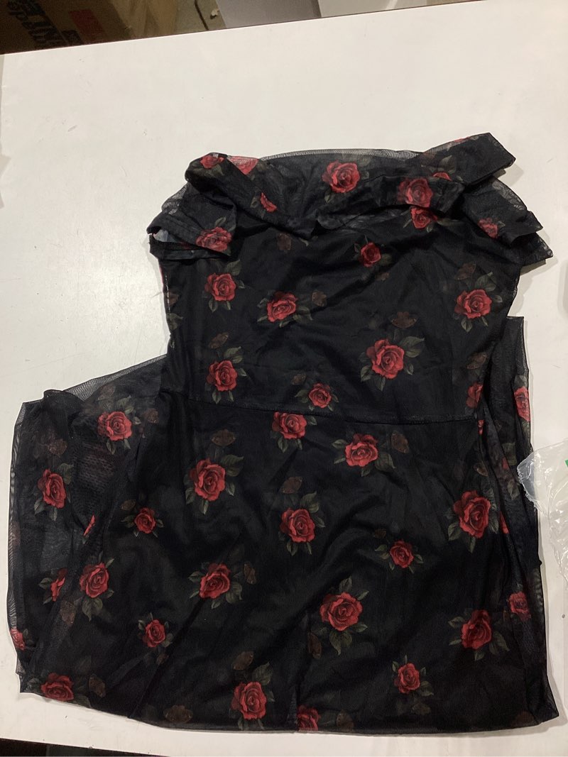 Condition photo showing Good Condition for gothdark women's wedding guest floral print vintage goth dress mesh spliced double-layered irregular hemline midi dresses small red