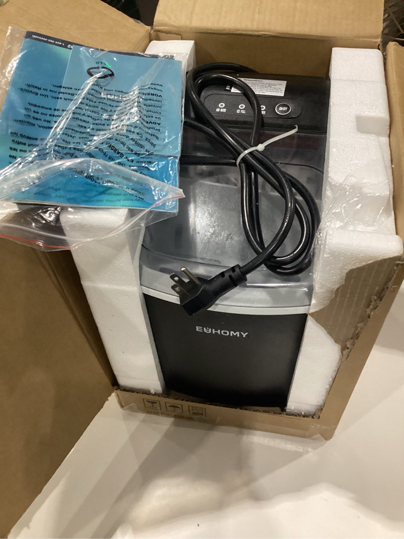 Condition photo showing As Is for euhomy countertop ice maker machine with handle, 26lbs in 24hrs, 9 ice cubes ready in 6 mins, auto-cleaning portable ice maker with basket and scoop, for home/kitchen/camping/rv. (black), not tested