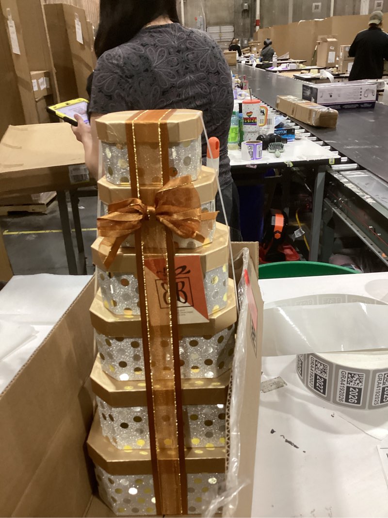 Condition photo showing New/Like New for broadway basketeers food gift basket tower snack gifts for women, men, families, college, delivery for holidays, appreciation, thank you, corporate, get well soon care package