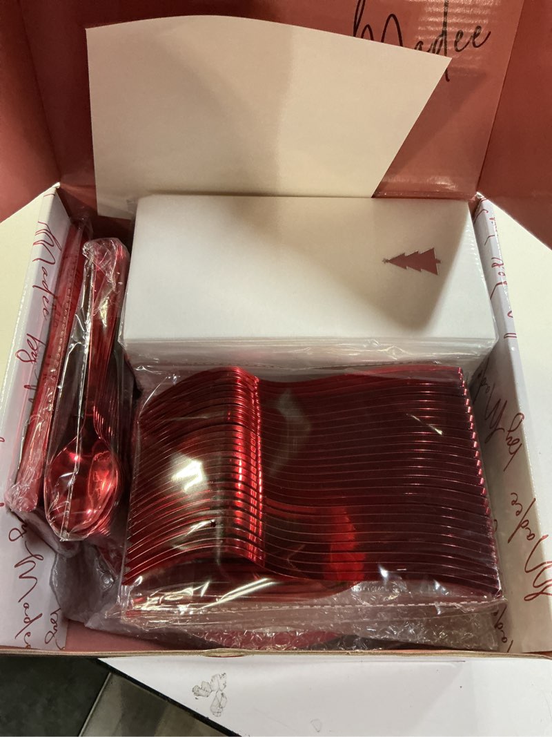 Condition photo showing New/Like New for By Madee HEAVYWEIGHT 175 Pc Ivory with Red Trim Plastic Disposable Dinnerware Set with Silverware & Linen-Like Premium Napkins (25 Guests) Ivory Red