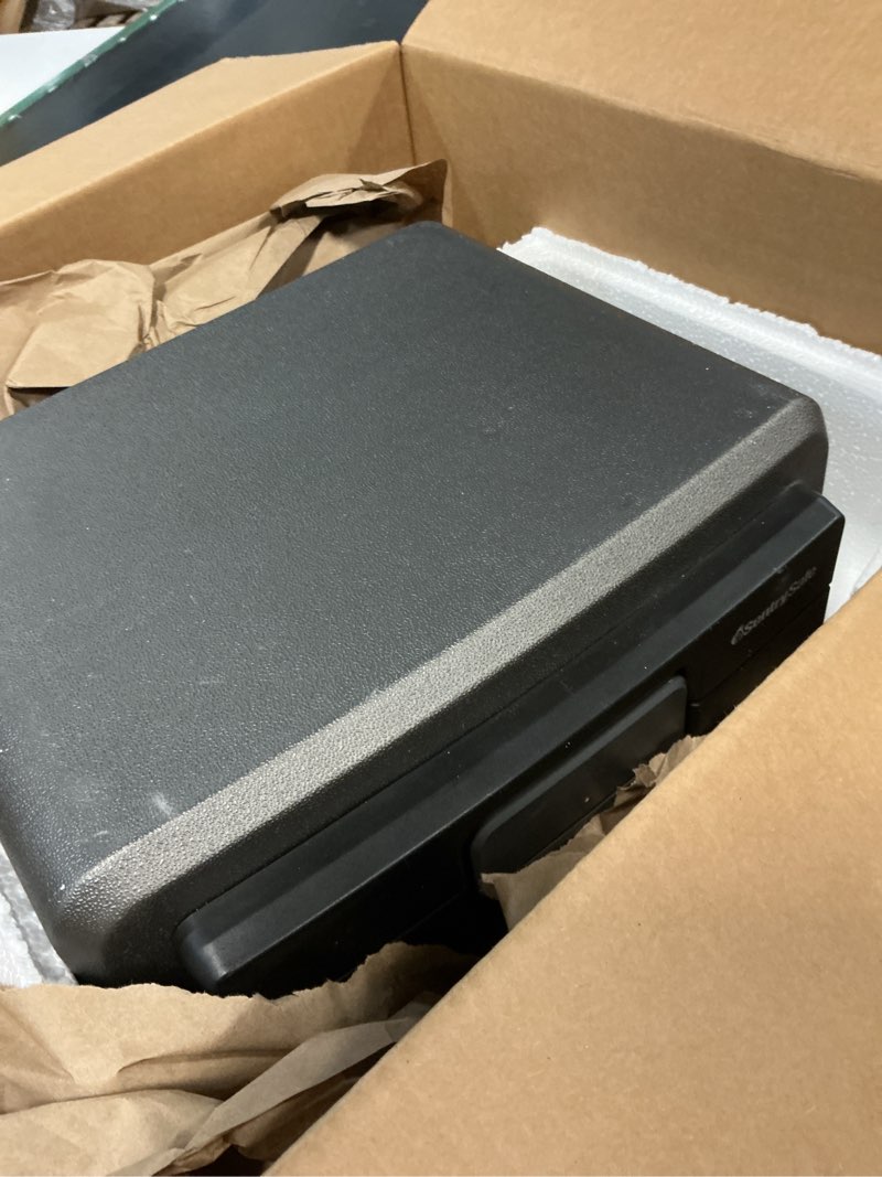 Condition photo showing As Is for sentrysafe charcoal gray waterproof and fireproof safe, lock box with keypad for documents and hanging file folders, exterior: 14.1 x 16.6 x 13.8 inches, ?fhw40300 digital keypad lock