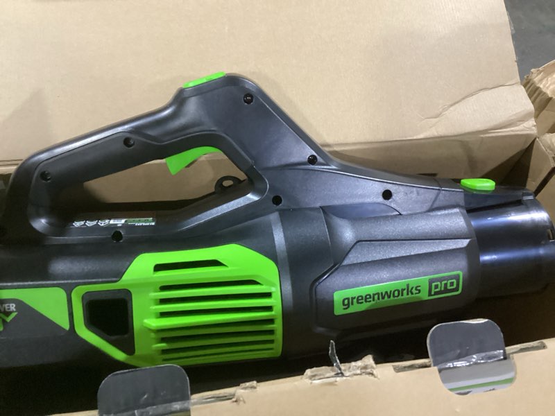 Condition photo showing As Is for greenworks 60v (610 cfm / 130 mph) cordless leaf blower, high power, lightweight & quiet operation for wet leaves, driveways and dense gravel, includes 2.5ah battery & 5a rapid charger blower (610 cfm), 2.5ah