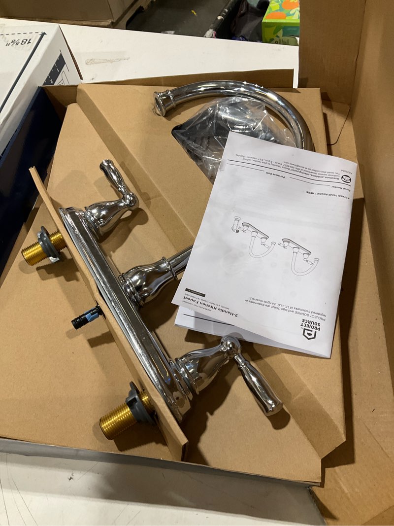 Condition photo showing As Is for project source brice polished chrome double handle deck-mount kitchen faucet ( deck plate included ) ( side sprayer included )