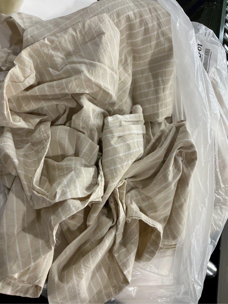 Condition photo showing As Is for MooMee Striped Duvet Cover Set 100% Washed Cotton Linen Like Textured Breathable Durable Soft Comfy (Tannish Linen Grey White Classic Stripes, Queen 90"x90") Classic Stripes - Tannish Linen Grey/ White (No Comforter) Queen (90"x90")