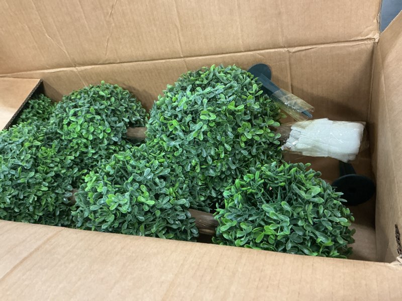Condition photo showing As Is for 2 pack 33 inch artificial boxwood ball topiary trees with ground spike faux topiaries tree plants fake shrub bushes for front door family office indoor outdoor decor