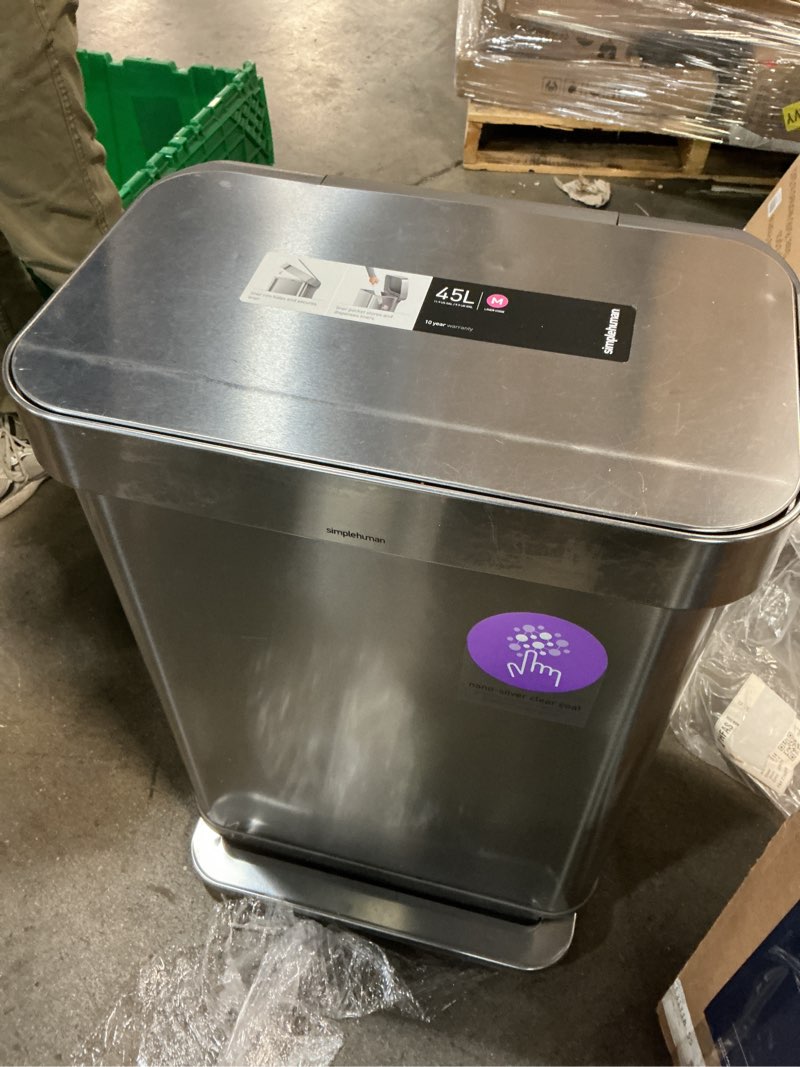 Condition photo showing As Is for simplehuman 45L Rectangular Kitchen Step Trash Can with Liner Pocket Stainless Steel with Gray Plastic Lid