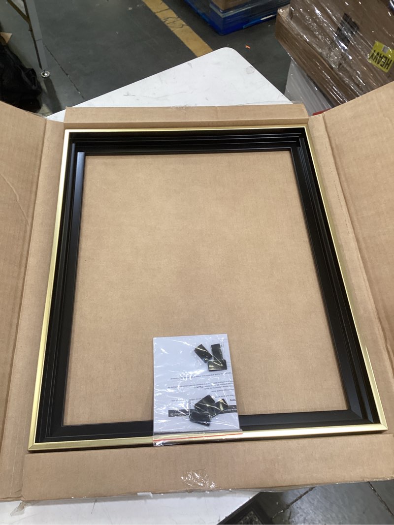 Condition photo showing As Is for mcs canvas float frames 16x20 frame, black & gold for finished canvases, vertical & horizontal wall hanging large with adhesive for canvas paintings (1-pack) standard frame 16x20 black & gold