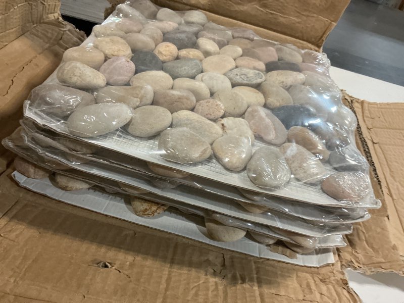 Condition photo showing Good Condition for stone pebble mosaic tile, 12" x 12" tumbled stone backsplash tiles for bathroom kitchen shower floors and wall decor and outdoor areas, pack of 5 12x12 inch brown-tumbled