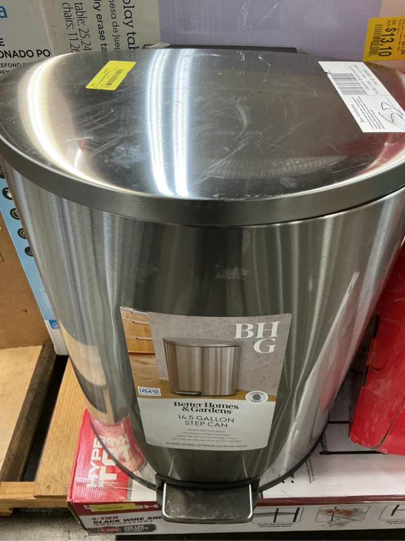 Condition photo showing As Is for better homes & gardens kitchen trash can, 14.5 gallon stainless steel semi round step garbage bin with soft close lid, silver