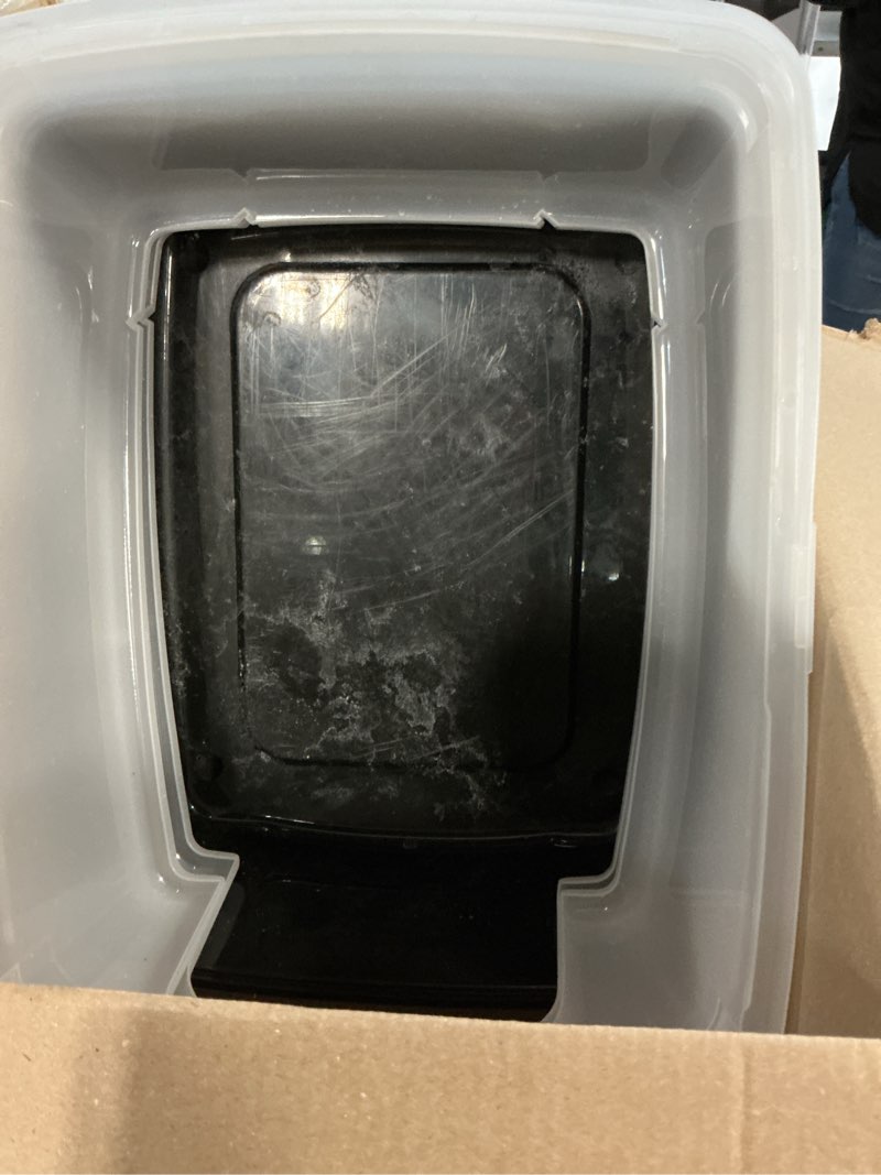Condition photo showing As Is for iris usa 2 pack large open top cat litter box with high sides, scatter shield & scoop, black, for indoor cats, kittens or multicat homes