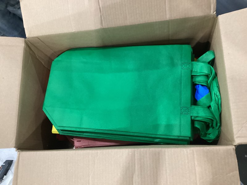 Condition photo showing New/Like New for Jexine 100 Pcs Non Woven Tote Bags Large Reusable Gift Grocery Foldable Fabric Shopping Bags Multi Color Party Treat Reusable Goodie Totes with Handles for Party Holiday Favor, 14 x 10 x 4 In