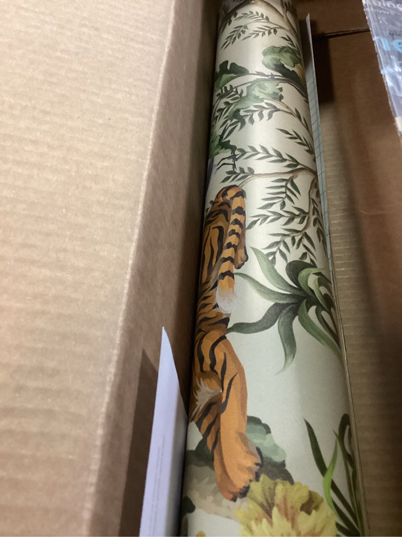 Condition photo showing Good Condition for cre8tive 24"x118" tropical jungle peel and stick wallpaper animal tiger egret forest wallpaper removable self adhesive leaf floral beige contact paper prepasted for bedroom living room walls cabinets 24" x 118" beige, green, white