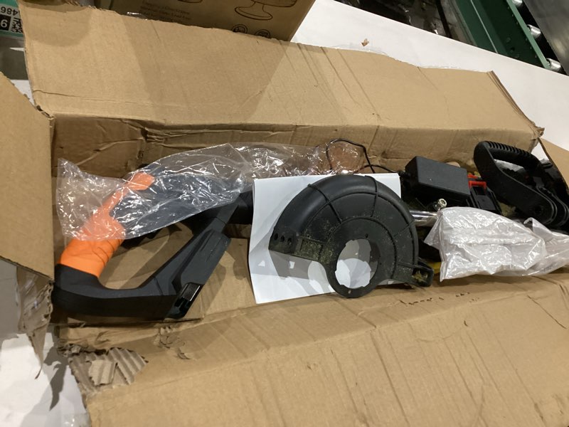 Condition photo showing As Is for cordless weed wacker electric eater battery powered lightweight edger portable stringless weed trimmer, 3-in-1 grass trimmer/lawn mower/brush cutter, with 3 types blades & wheels for yard and garden