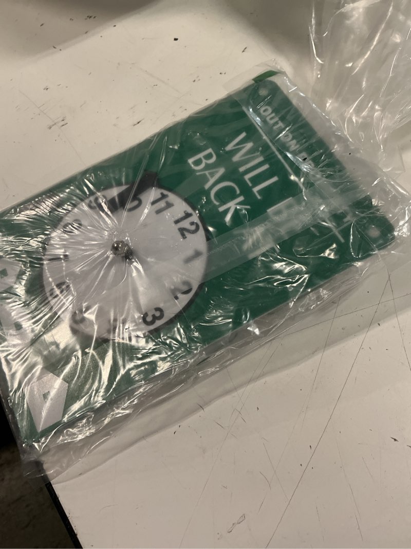 Condition photo showing As Is for accuform mpcm503 dura-plastic double-sided "be back" clock sign, legend "out on property,will be back at (clock graphic),come in please, 8" lengthx5" widthx0.062" thickness, green/white