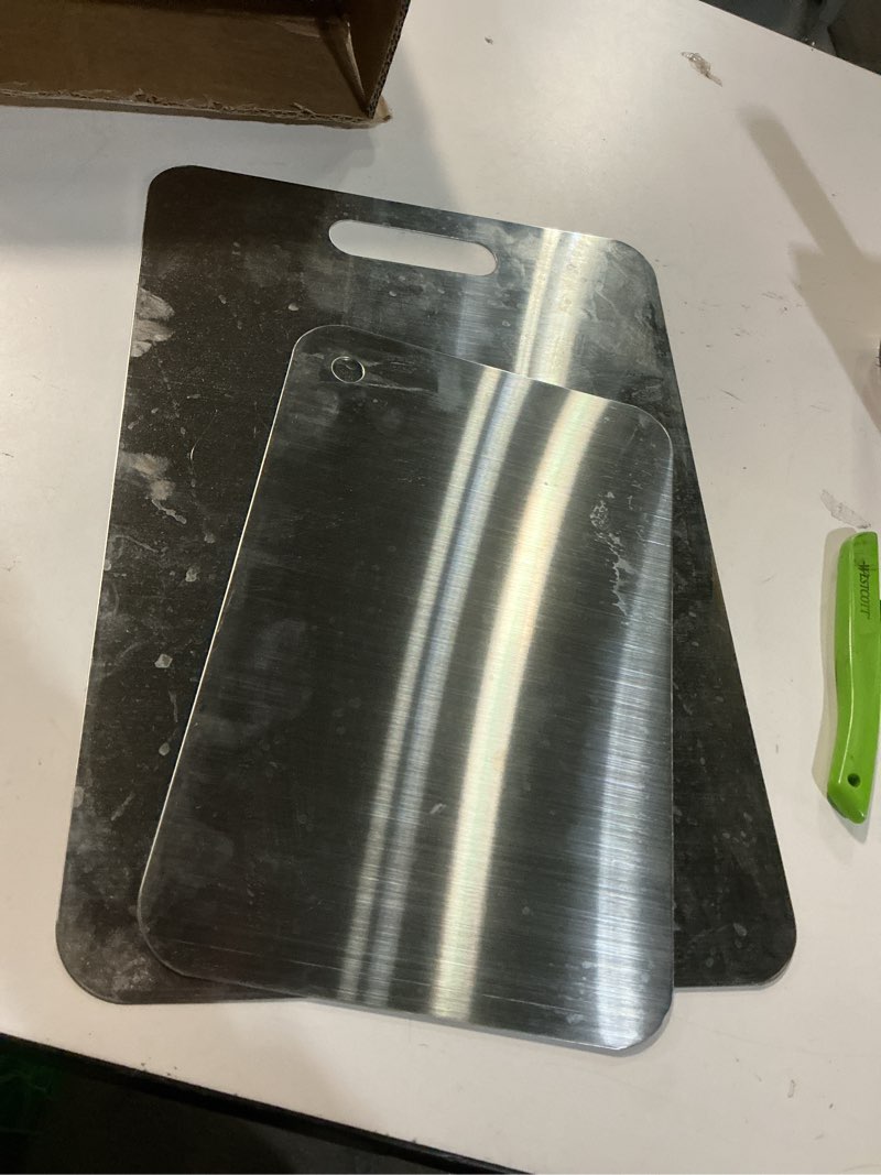 Condition photo showing item condition for Atmama (14.2" x 9.8"and11.24" x7.87") Stainless Steel Cutting Board for Kitchen,SUS 304 Chopping Board for Meat,Fruit,Vegetables,Baby Food,Dishwasher Safe(2pcs)… Large
