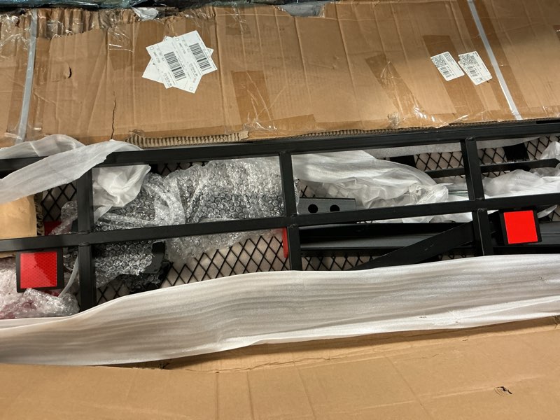 Condition photo showing As Is for 60 in. x 24 in. x 14 in., hitch cargo carrier, 500 lbs. capacity hitch cargo carrier with anti-rattle hitch stabilizer