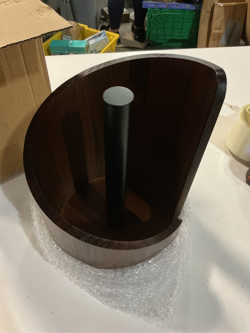 Condition photo showing Good Condition for large size countertop paper towel holder with mango wood round base and iron stand, kitchen roll organizer for kitchen, dining table home decor (brown)