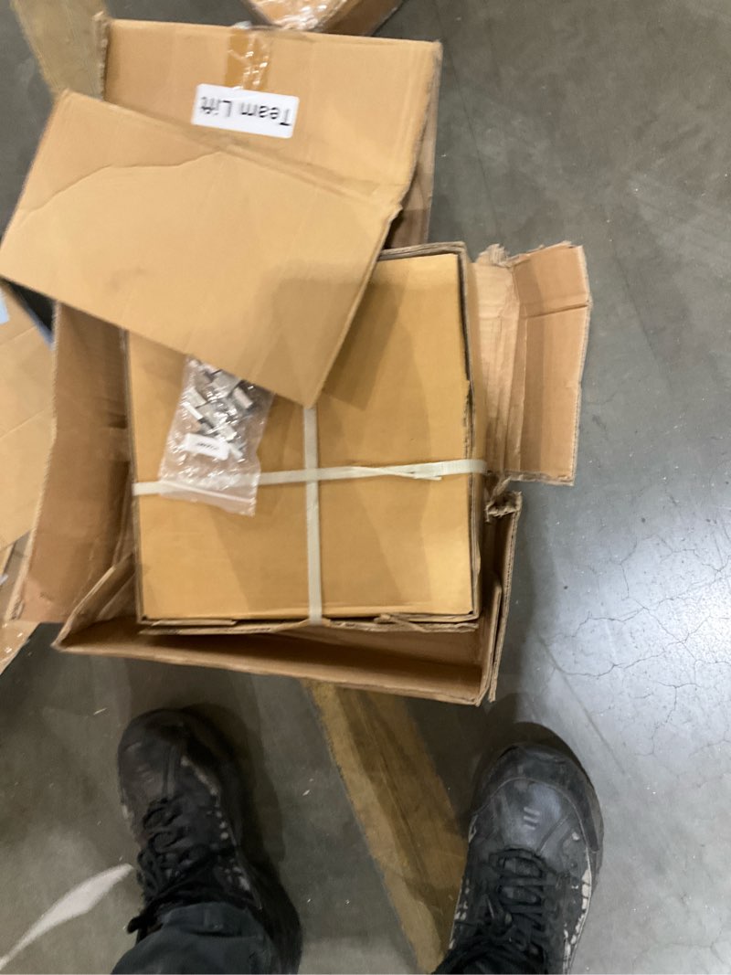 Condition photo showing As Is for incomplete fitvids cast iron standard weight plates including 5ft standard barbell with star locks, 95-pound set (85 pounds plates + 10 pounds barbell), multiple styles style #1