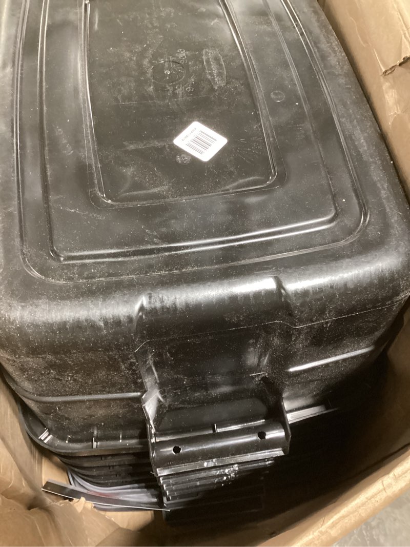 Condition photo showing As Is for rubbermaid 6-pack totes for storage with lids, heavy duty plastic storage bins with lids, black gray, 10 gal - stackable for garage, attic, camping (10 gal - 6 pack solid black and grey)