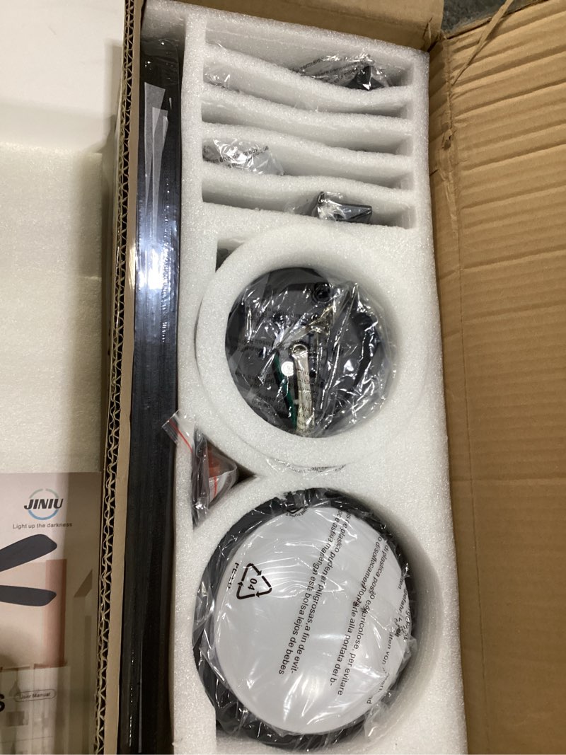 Condition photo showing New/Like New for JINIU Ceiling Fans with Lights, 52 inch Flush Mount Ceiling Fan with Remote Control, 5 Blades, Reversible, Innovative Stepless dimming and Color Temperature, Ceiling Fan for Living Room, Bedroom 52" Flush Mount Black
