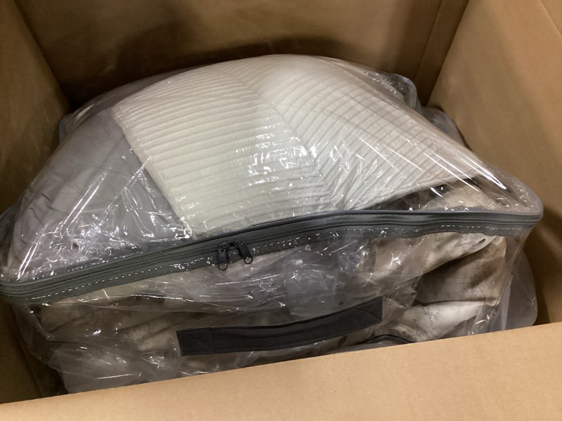 Condition photo showing item condition for Madison Park Queen Comforter Set, Abstract Print with Luxurious Texture, Fluffy Queen Bedding Sets, All Season Down Alternative Cotton Blend Queen Bed Set with Bedskirt & Décor Pillows, Gray 7 Piece