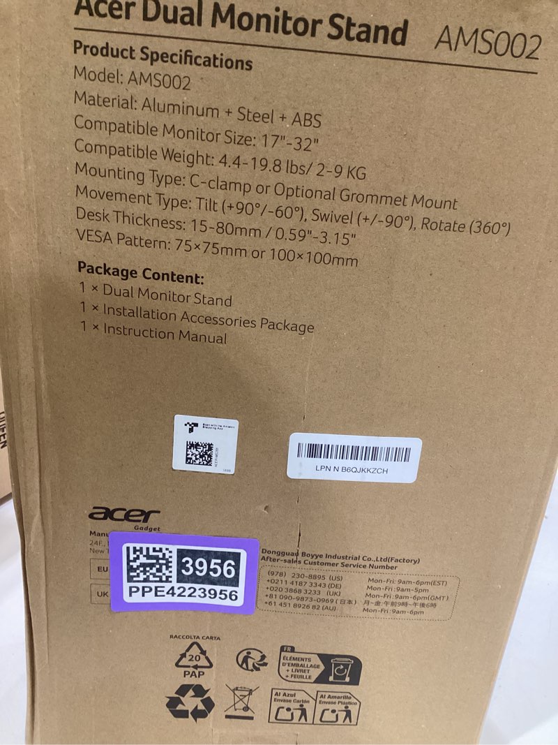 Acer Dual Monitor Arm, Computer Desk Arm with VESA Mounts for 17–32? Screens, Fully Adjustable Gas Spring Monitor Stand, C-Clamp and Grommet Mounting Base, Fits 4.4 to 19.8lbs Computer Monitors