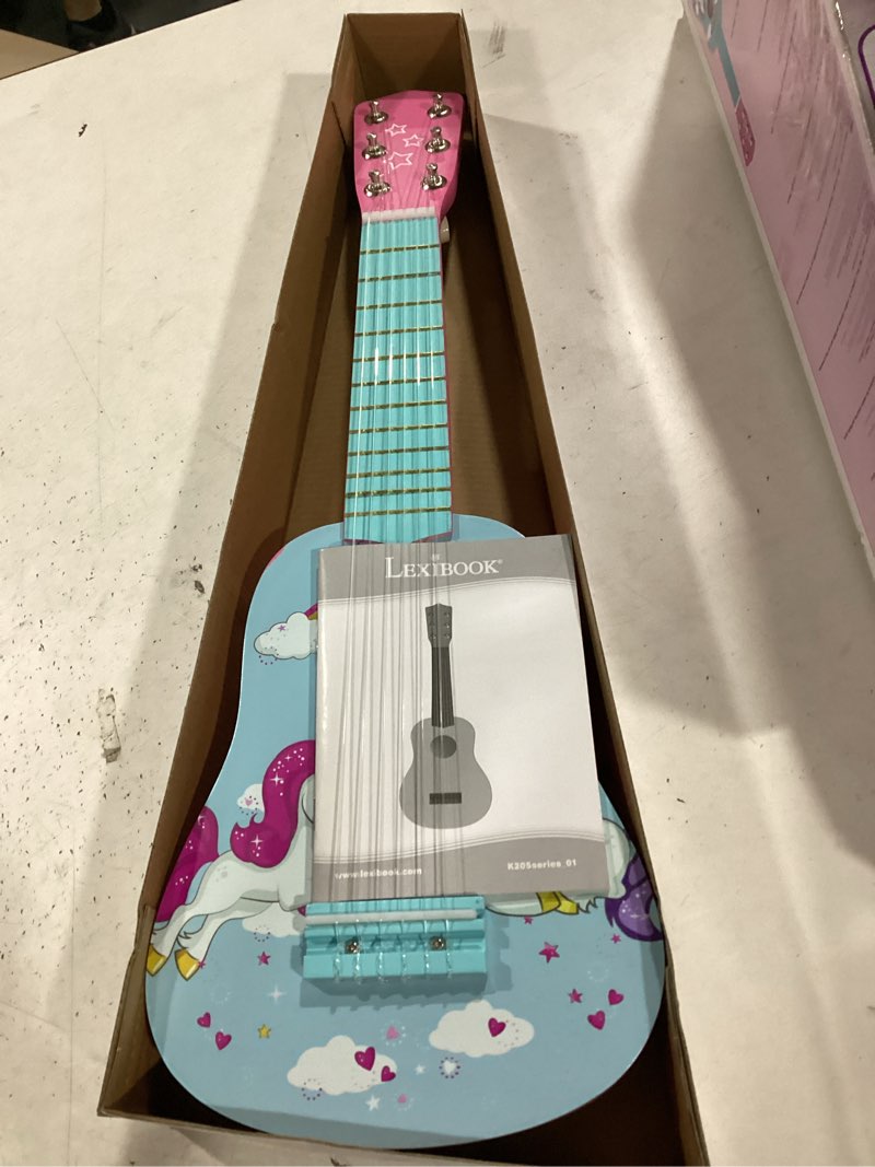 Condition photo showing New/Like New for lexibook unicorn wooden guitar 6 strings blue/ pink