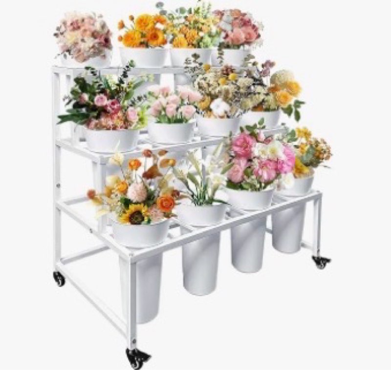 Product used and incomplete, Flower Stand with 12 Buckets, Flower Display Stand with Wheels, Flower Cart, Moving Florist Bouquet Shelf for Party, Wedding, Events, Triangular Legs (Black)