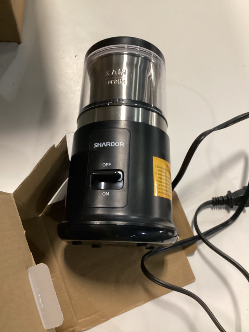 Condition photo showing As Is for shardor one touch coffee grinder electric, spice, herb, for coffee bean spices and seeds with 1 removable stainless steel bowl, dry grinder, black