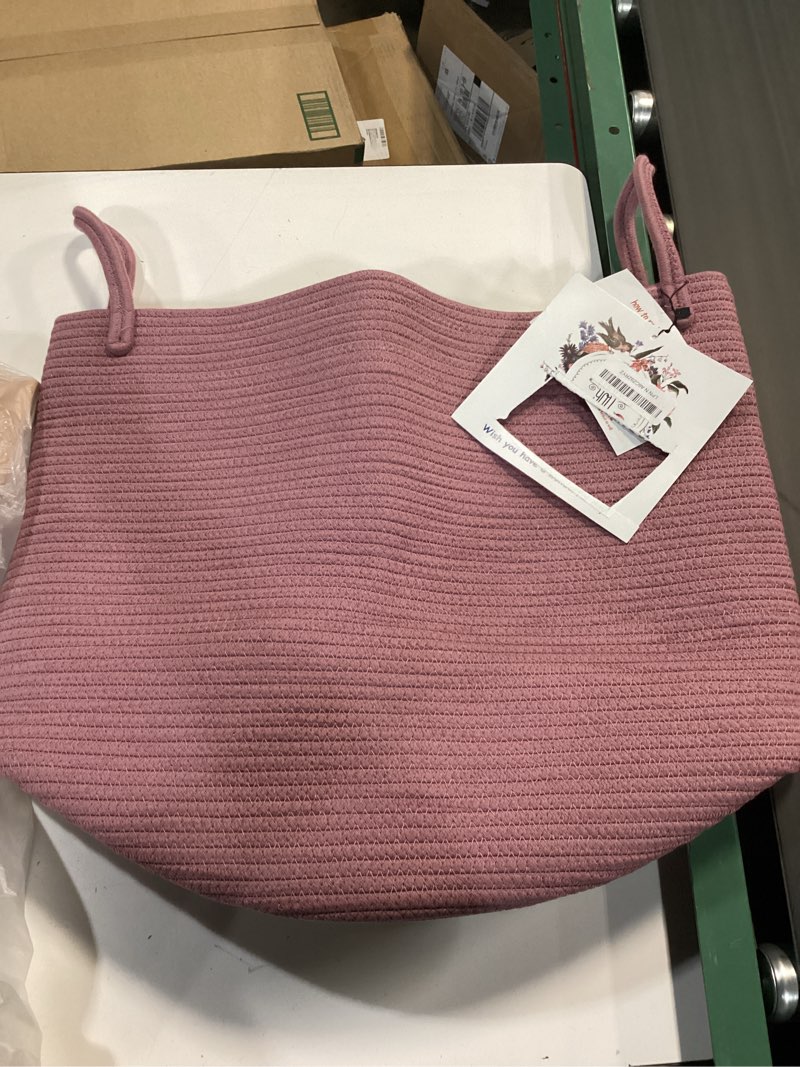 Condition photo showing Good Condition for Cotton Rope Laundry Basket Hamper for Clothes Woven Storage Basket for Living Room Bedroom Boho Tall Rope Baskets for Blanket Toys Pillow Towels Baby Nursery Hamper Bin grape purple grape purple regular