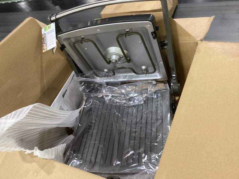 Condition photo showing As Is for greenpan elite 7-in-1 multi-function contact grill & griddle, healthy ceramic nonstick, grill & waffle plates, adjustable shade & shear, closed press/open flat surface, pfas-free, graphite, not tested