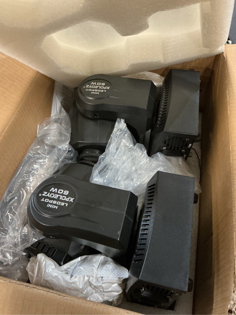 Condition photo showing Good Condition for Stage Lights Moving Head Lights 8 Gobos 8 Colors 11 Channels 60W Spotlights DMX 512 with Sound Activated for Wedding DJ Party Stage Lighting 2PCS