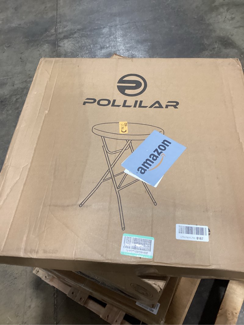Condition photo showing As Is for cocktail table 28in portable folding bar height table, compact round high top plastic & steel bistro with removable legs, for indoor outdoor rv patio catering parties commercial events-white