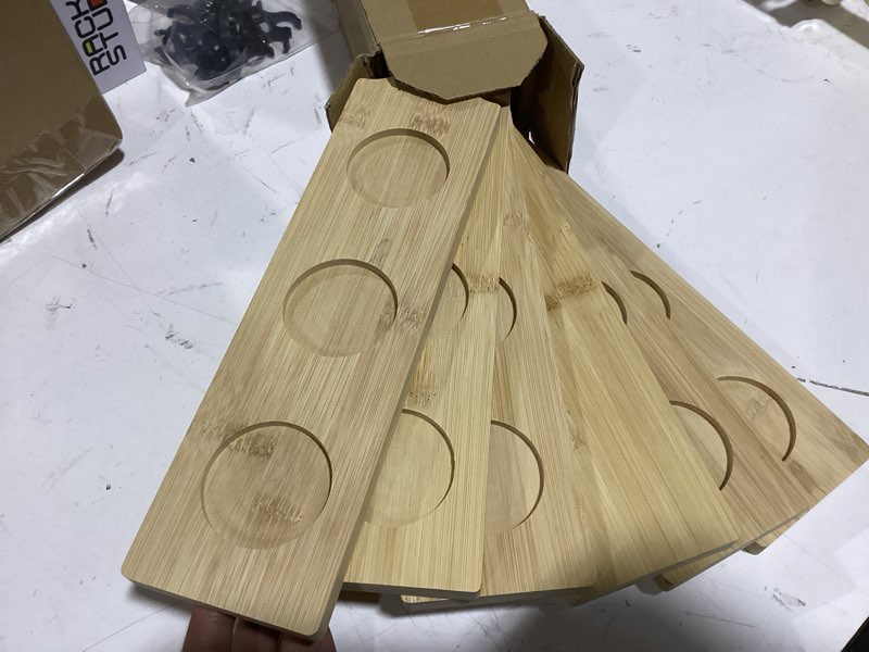 Condition photo showing New/Like New for 6pcs flight board for tasting, 3 slots bamboo beer flight boards, wine flights tasting set, natural flights paddle, serving tray shot glass holder for beer, whiskey, bourbon, wine