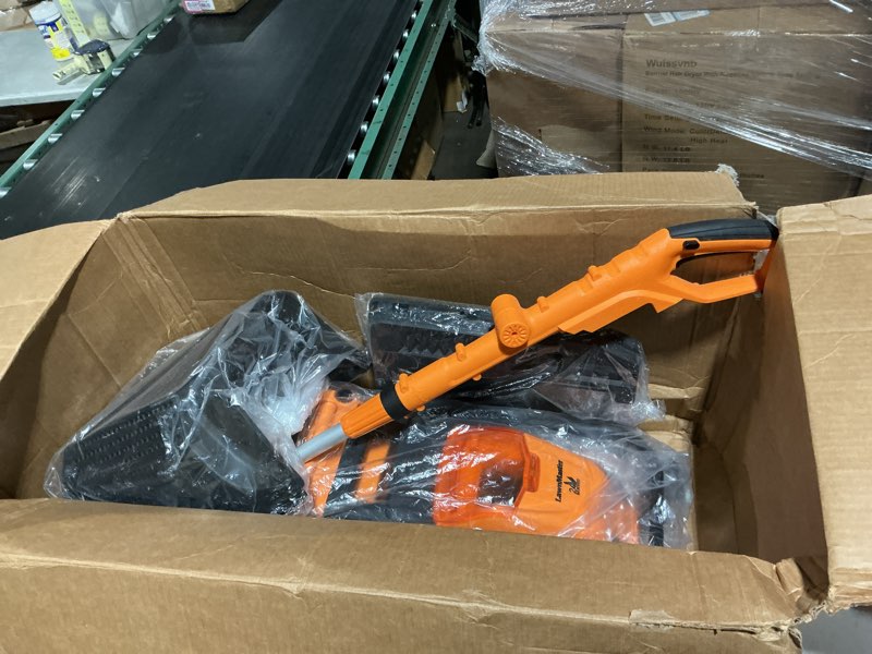 Condition photo showing As Is for lawnmaster 15-inch brushless cordless mower with 2x24v max 4.0ah battery and a dual charger