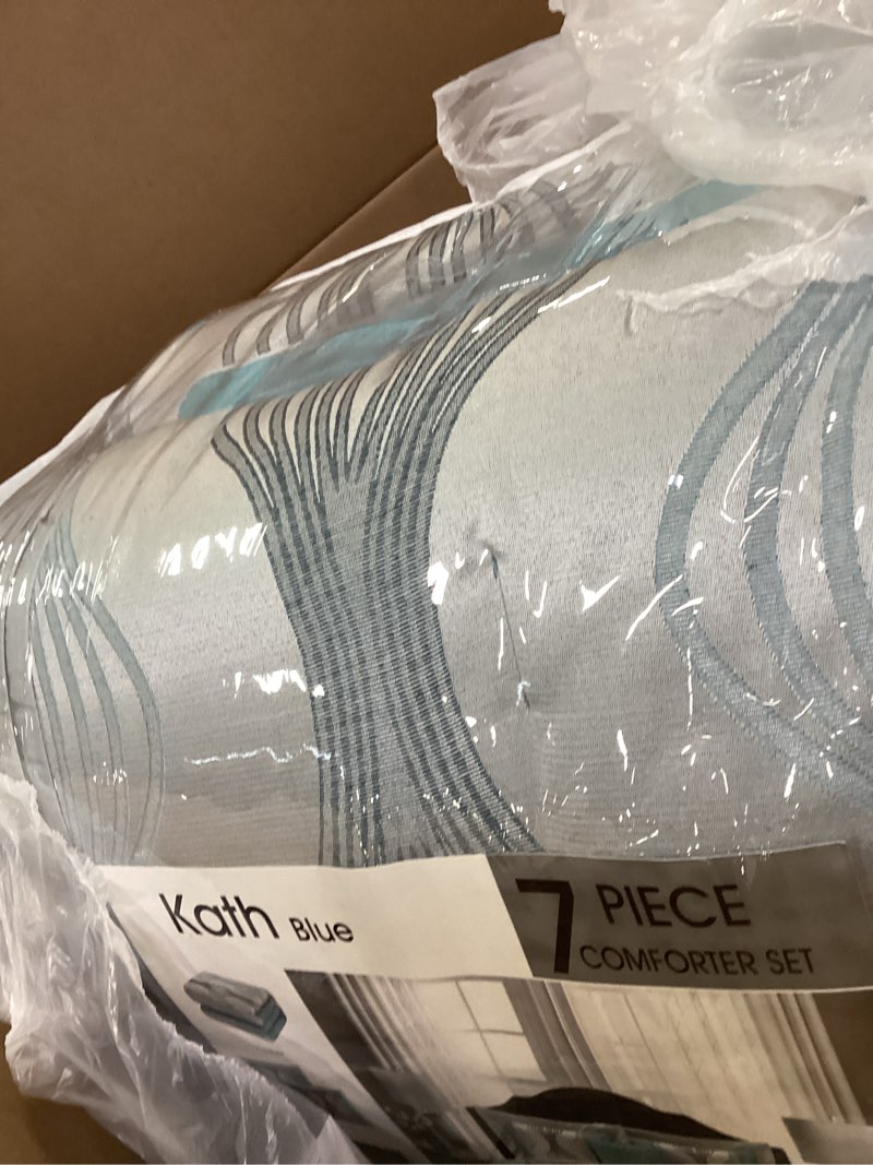 Condition photo showing Good Condition for Stratford Park 7 Piece Blue Comforter Set, King Size Jacquard Bedding Set, All Season Geometric Patc
