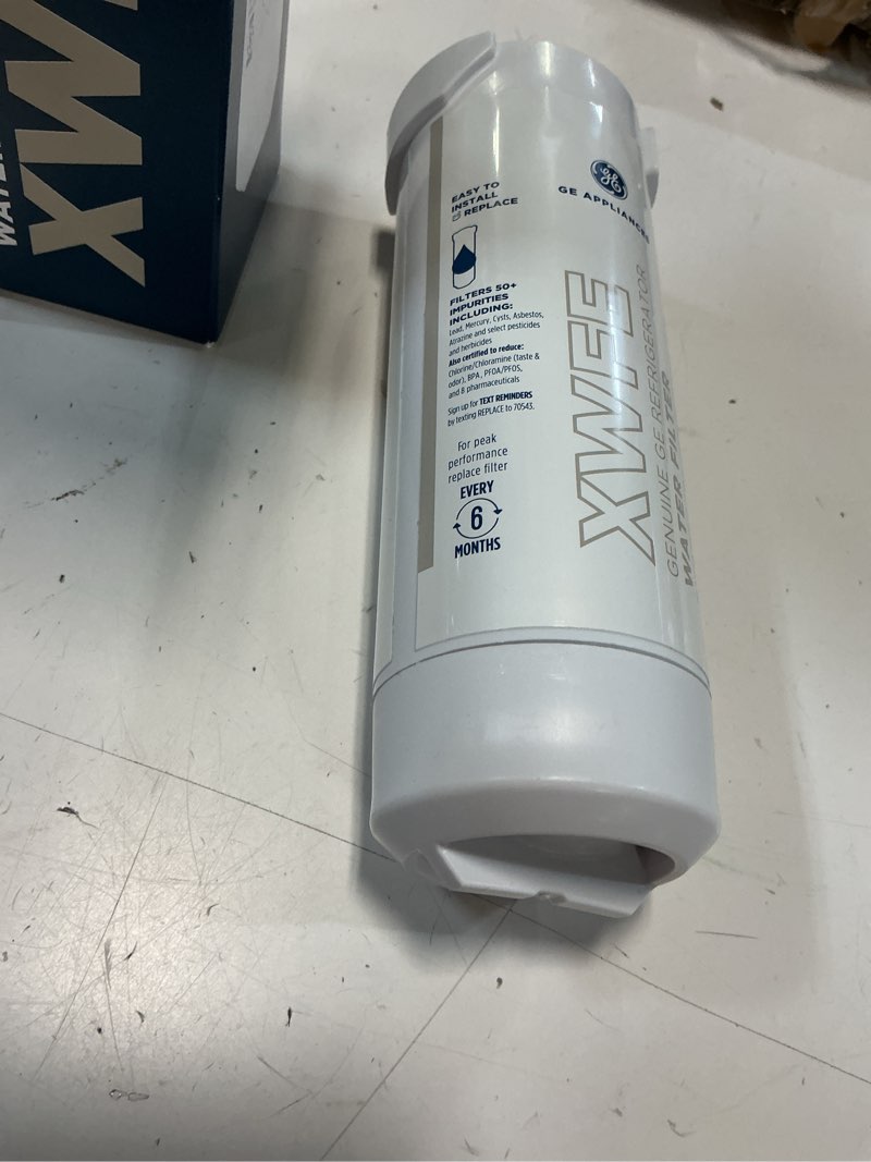 Condition photo showing As Is for ge xwfe refrigerator water filter, genuine replacement filter, certified to reduce lead, sulfur, and 50+ other impurities, replace every 6 months for best results, pack of 1