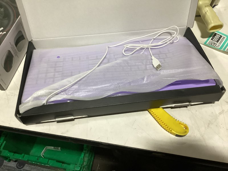 Condition photo showing New/Like New for sablute k21pro large print backlit computer keyboards, wired lighted usb keyboards with 7-color backlit, wrist rest, phone holder, easy to read and type for laptop, pc, windows, desktop (purple)