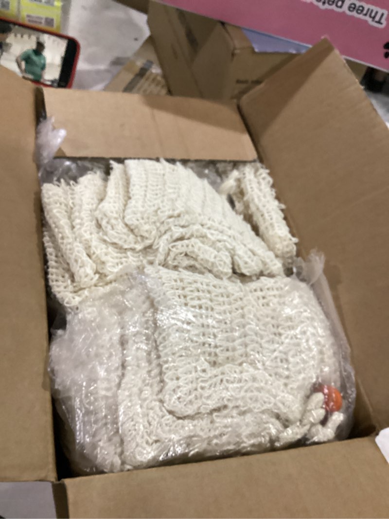 Condition photo showing As Is for comnico 100 pcs soap exfoliating bag, natural sisal soap saver bag hand made pouch with drawstring mesh net drying soaps holder for bath and shower
