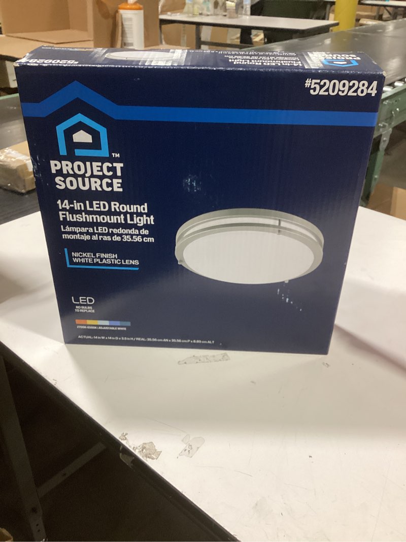Condition photo showing New/Like New for Project Source 14-in Satin Nickel Indoor 1 -Light LED Tunable White Flush Mount Light Plastic