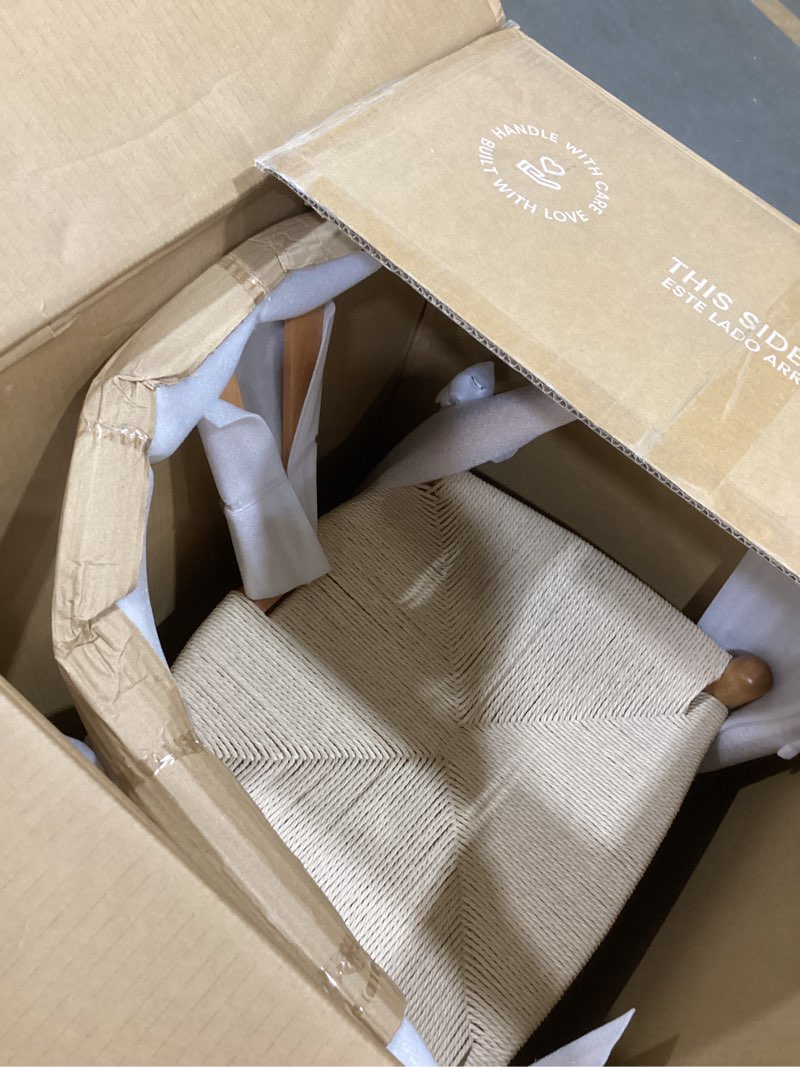 Condition photo showing Good Condition for poly & bark weave dining chairs – mid-century modern wishbone dining chairs with arms, solid wood frame, indoor use – walnut– set of 2 - ideal for dining room, kitchen or stylish accent setting walnut set of 2