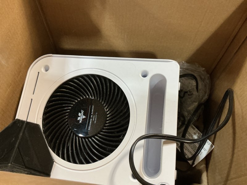 Condition photo showing As Is for vornado velocity 5 whole room space heater with auto climate control, timer, and safety features, white, large heater velocity 5