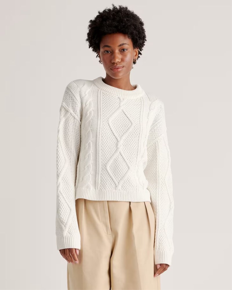 Quince, 100% Organic Cotton Cropped Cable Crew Sweater ivory/M