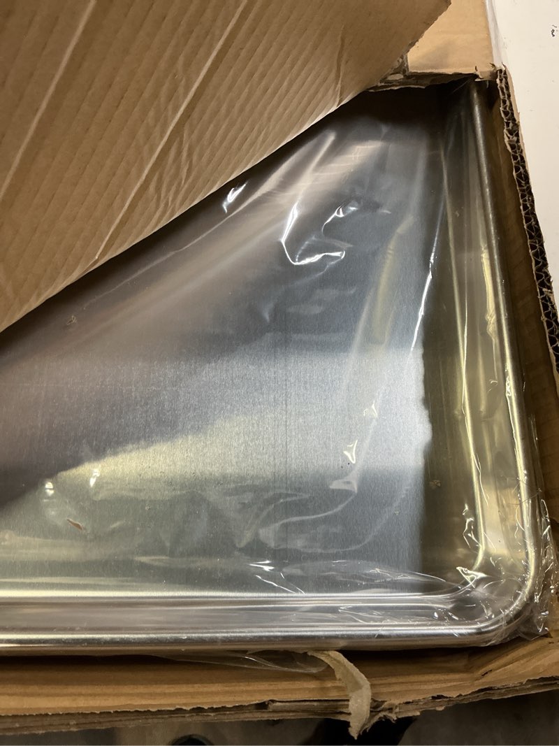 Condition photo showing Good Condition for full size commercial quality baking sheet pan, bastwe aluminum cookie tray pan for oven, freezer, bakery, hotel restaurant, thick steel rim prevents warping (6 pack, 26 x 18 inch) 6pk full size sheet