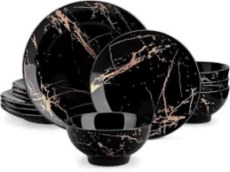 LOVECASA Plates and Bowls Sets for 4, 12 Pieces Porcelain Dinnerware Sets, Black and Gold Dish Set G