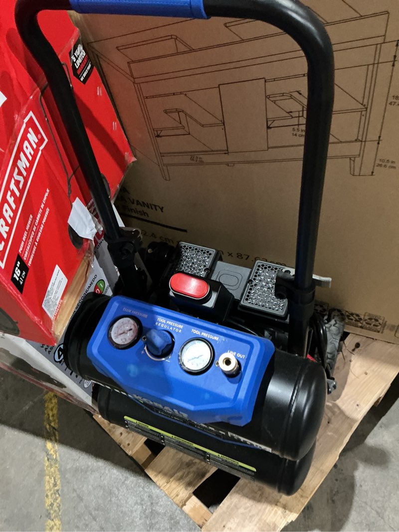 Condition photo showing As Is for kobalt 4.3-gal quiet compressor and -ft pvc air hose