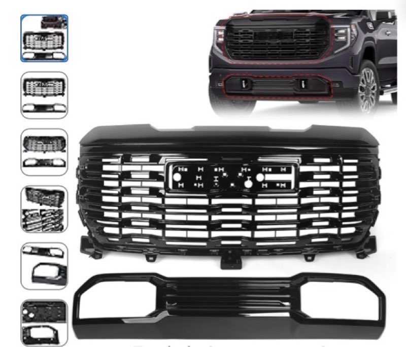 vlincar grille set 2pcs compatible with gmc sierra 1500 denali 2022 2023 2024 hood mesh front bumper upper grill w/camera hole + lower skid plate valance black