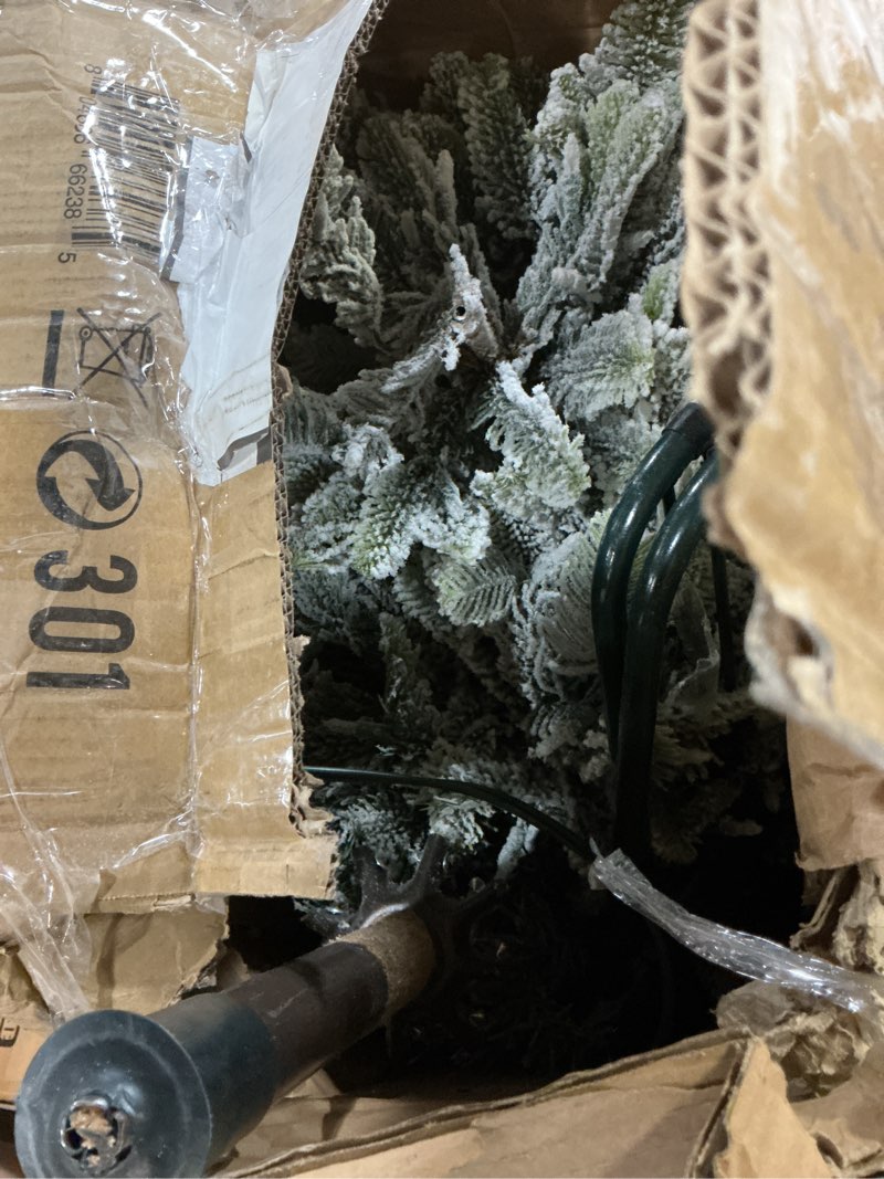 Condition photo showing As Is for Puleo International 7.5ft Pre-Lit Flocked Aspen Fir Artificial Christmas Tree with 700 Clear Lights, 1319 Realistic Dense Branch Tips, Easy Setup Artificial Trees with Sturdy Metal Stand 7.5' Flocked Aspen Fir with 700 Clear Lights