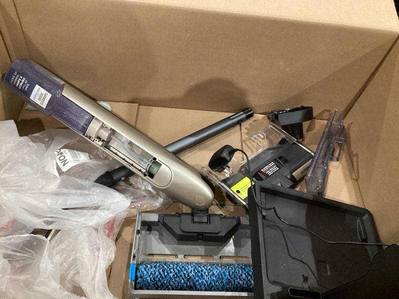 Condition photo showing As Is for shark hydroduo with dirt-reveal technology, cordless, everyday hard floor cleaning system, wet & dry debris pickup, mops & scrubs all at once, hardwood, tile, laminate & stone, stone metallic, ww201